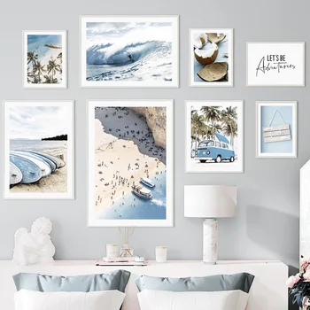 Плакати с плаж в скандинавски стил със син океан, и Лодката, Кокосова палма, картини от кокосовата палма, Автомобили рисуване, Декорация на дома, хол, платно, живопис - Изображение 1  