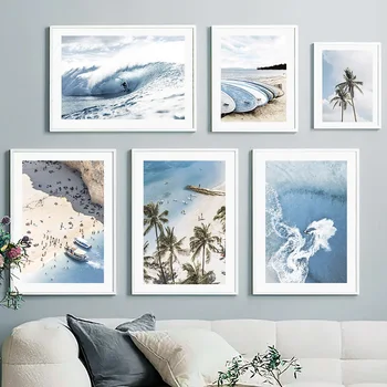 Плакати с плаж в скандинавски стил със син океан, и Лодката, Кокосова палма, картини от кокосовата палма, Автомобили рисуване, Декорация на дома, хол, платно, живопис - Изображение 2  