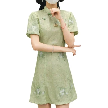 Жена Зелено Дантелено къса рокля Чонсам с винтажной бродерия, Летни празнични костюми с пищни ръкави, Уважаеми Ципао от S до XXL - Изображение 1  