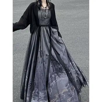 Лятото подобряване на Китайското традиционната рокля Hanfu с черен принтом 2023, комплект от две части, женски готически модерен костюм за cosplay на Хелоуин - Изображение 2  