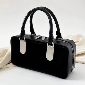 Корейската модни Дамски чанта от изкуствена кожа с голям капацитет, однотонная, черен цвят, на новост 2023 г., висококачествени универсални чанти през рамо със стил Бостън, Ins - Изображение 1  