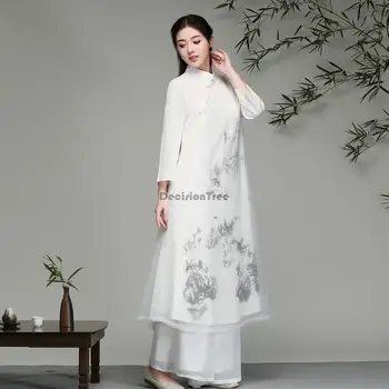 2024 ново традиционното вьетнамское китайското рокля ад дай ципао в ориенталски стил чаено изкуство за жени подобряване на рокля hanfu ao dai от шифон ципао - Изображение 2  