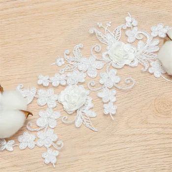 20 броя Сватбена лейси апликация на слонова кост с 3D цветя, украсени с кабел, бяла Лейси апликация за сватбена рокля с дантелен завършек, апликация - Изображение 2  
