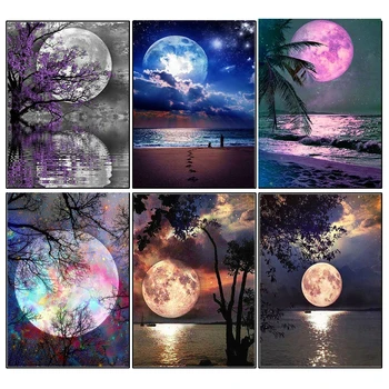 Направи си САМ 5D Диамантена живопис Пейзаж на Луната Дърво Морето, Определени за кръстат бод Пълна бродерия мозайка от кристали Разпродажба - Изображение 1  