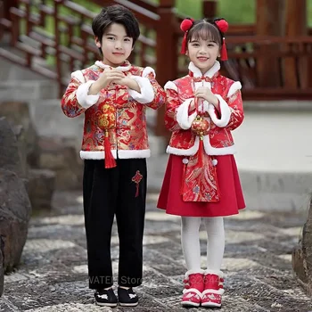 2024 Дрехи за момчета и момичета на китайската Нова година за деца Червена традиционна бродерия дракон Hanfu Костюм Тан Живописна фестивал Източна ВОДА - Изображение 2  