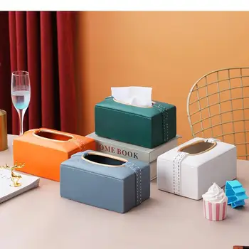 Квадратна Правоъгълна керамична кутия за салфетки от изкуствена кожа, кутия за салфетки, държач за хартиени кърпи, кутия за салфетки, кутия за съхранение вкъщи кърпички - Изображение 2  