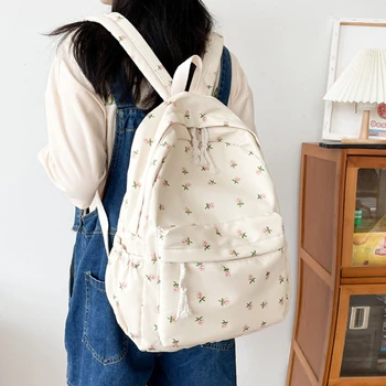 Корейски Студентски училище раница, Бели училищни чанти с цветен печат за момичета, Мил Женски раница, Найлонова чанта за книги с голям капацитет - Изображение 1  