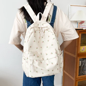 Корейски Студентски училище раница, Бели училищни чанти с цветен печат за момичета, Мил Женски раница, Найлонова чанта за книги с голям капацитет - Изображение 2  