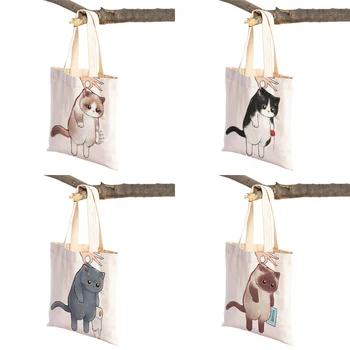Ежедневни дамски чанта за пазаруване с забавни анимационни котка, двустранен, с хубав принтом под формата на животни, множество холщовая дамска чанта-тоут за деца - Изображение 2  