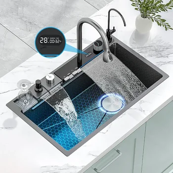 Кухненска мивка с водопад от неръждаема стомана 304, голяма Однощелевая мивка с вграден цифров дисплей, набор от смесители, мивка за кухня - Изображение 1  
