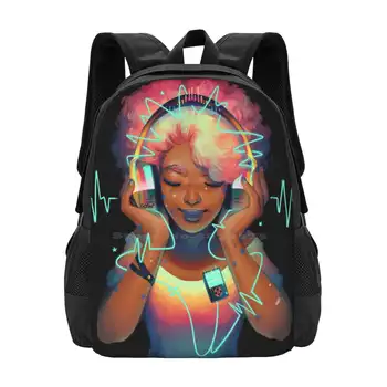 Музикална чанта Раница За мъже, Жени, Момичета Юношески Музикални Слушалки Ретро Chillhop Rainbow Afro Black Art - Изображение 1  