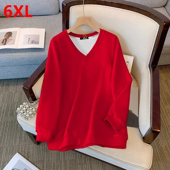 плюс размер на жените сестра ежедневни блузи с V-образно деколте есен нова свободен пуловер 150 кг 6xl дамски дрехи 5XL Качулки оверсайз - Изображение 1  