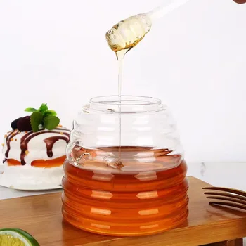 Бистра банка за мед с ковшиком и на капака, Нови Стъклени съдове за съхранение на мед 15 грама, 8,11 грама, Стъклен кошер, гърне за мед, кухня - Изображение 1  