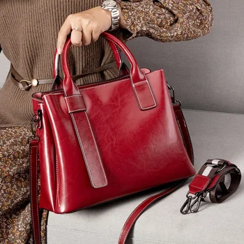 Модерна дамска чанта от естествена кожа 2024 г., новите дамски чанти голям капацитет, универсални елегантни чанти-незабавни посланици през рамо - Изображение 1  
