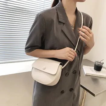 Чанта през рамо, дамско седло, Реколта однотонная универсална Дамски лятна луксозна Корея дизайнерска чанта през рамо от изкуствена кожа, преносима - Изображение 2  