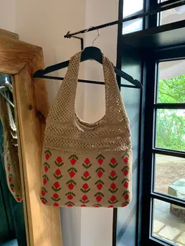 Дамски тканая чанта-тоут, лятна плажна чанта, чанта за рамо, ръководство за работа с цветя модел, чанта за пазаруване с флорална бродерия - Изображение 2  