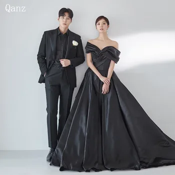Qanz Черни реколта сатенени вечерни рокли с отворени рамене, Корейското сватбена рокля трапецовидна форма, рокли за официални събития 2024 - Изображение 1  