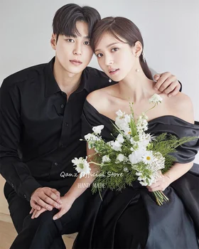 Qanz Черни реколта сатенени вечерни рокли с отворени рамене, Корейското сватбена рокля трапецовидна форма, рокли за официални събития 2024 - Изображение 2  