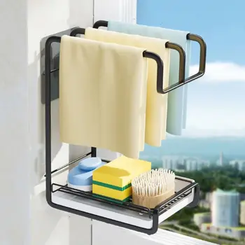 Стенен кухненски рафтове за съхранение, без перфорация, Кухненски стойка за сливных парцали с сливным тава, притежателят на гъба за баня - Изображение 2  