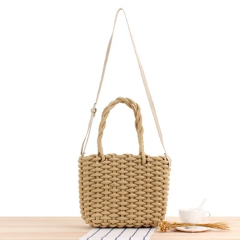Проста вятърна сламена чанта, преносима плажна чанта ръчна изработка от дебела памучна въжета, модни фалшива ежедневни дивата чанта - Изображение 1  