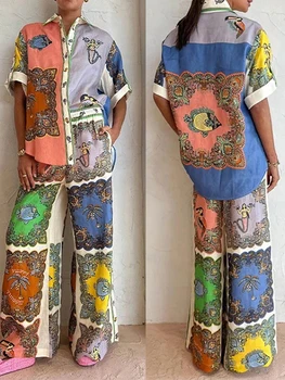Жена комплект панталон Y2K от 2 теми, негабаритная риза с копчета с флорални принтом, панталони с висока талия, лятна градинска облекло - Изображение 2  