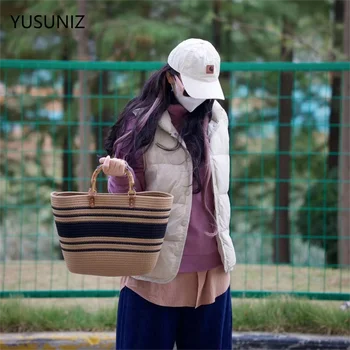YUSUNIZ Модни дамски чанта От памучна нишка Тканая чанта с Голям капацитет Тканая чанта Проста раирана дамска чанта-тоут Чанта за съхранение - Изображение 1  