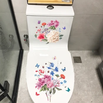 M484 Цветна пеперуда на Цвете Божур Стикер на тоалетна, капака на тоалетната чиния, стенни стикери за баня, тоалетна чиния за декорация на дома - Изображение 1  