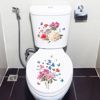 M484 Цветна пеперуда на Цвете Божур Стикер на тоалетна, капака на тоалетната чиния, стенни стикери за баня, тоалетна чиния за декорация на дома - Изображение 2  