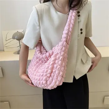 Клетчатая стеганая чанта през рамо с красиви плиссированными мехурчета, однотонная чанта-тоут Голям капацитет, бродирани калъфи-чанти за жени - Изображение 2  