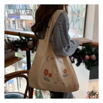 Дамски парусиновая чанта Kawaii с принтом хубаво агне, чанта през рамо, по-голямата голям чанта през рамото си, ежедневието е чантата за пазаруване - Изображение 2  