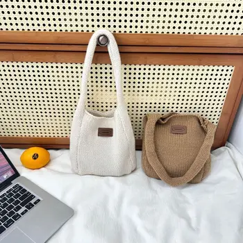Ретро Дизайн, женски вълнени плетени калъф чанта през рамо, однотонная тканая дамски малка чанта-тоут под мишниците, Прекрасна дамска чанта, портфейл - Изображение 2  