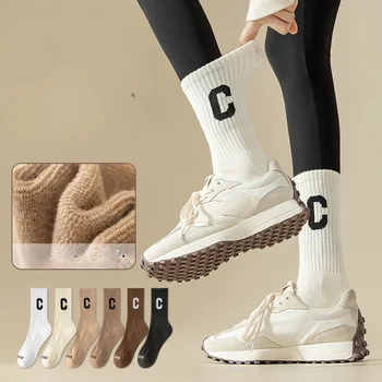 6 Чифта женски чорапи със средна дължина, спортни зимни чорапи, топли, с надпис, висококачествени, удобни чорапи за джогинг, високо качество - Изображение 1  