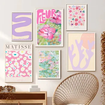 Матиссовые цветя Пастельно-Розов Цвят, Естетически Стенно Изкуство, Плакати и Щампи на Скандинавскую тема, рисунки върху платно, Картини за вашия интериор, Дневна, Y2K - Изображение 1  