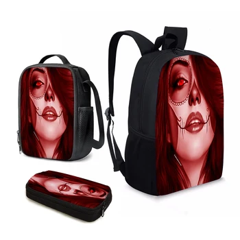 YIKELUO Red Skull Candy Girl с 3D печат, всекидневни модерен ученическа раница за учебници с изолация джоб, чанта за обяд, молив случай - Изображение 1  