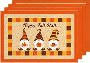 Есенни Кърпички Gnome Комплект от 4 Оранжеви Есенни Кърпички за Деня на Благодарността за масата за Хранене Подложки за Прибиране на Реколтата за украса на Празнични партита - Изображение 1  