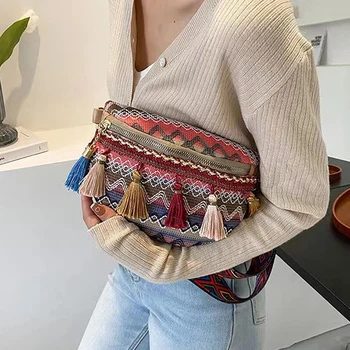 Дамски чанти в скута етнически стил с регулируема каишка, поясная чанта пъстри цветове с ресни, чанти през рамо, отличителни чанта през рамо - Изображение 1  