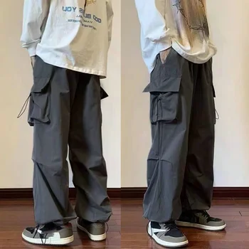 Мъжки панталони-карго, ежедневни градинска дрехи с множество джобове, Черни панталони в стил харадзюку в стил хип-хоп, зреещи с еластична гумена лента за кръста, панталони-зреещи дължина до щиколоток - Изображение 1  