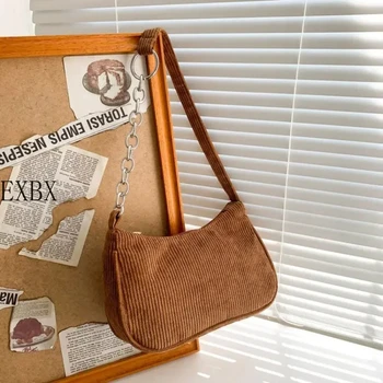 Модни реколта вельветовые дамски чанти, чанта под мишката, ежедневни чанти през рамо, однотонная дамска чанта, джоб, чанта-клатч с веригата - Изображение 2  