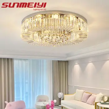 Модерен кристална тавана лампа с кръгла led подсветка, луксозен и романтичен хромирана лампа, осветителни тела за домашно осветление, хол, трапезария - Изображение 1  