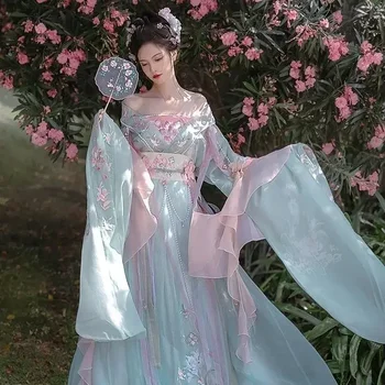 3 Цветове, рокля Ханфу в китайски стил с флорални принтом, украшенное перли, женствена рокля Фея династията Вэйцзинь, рокля Ханфу за cosplay, 8 бр., карнавал - Изображение 1  
