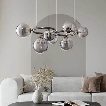 Блестящ опушен-сив лампа, модерен полилей във формата на топка в хола, високо осветление, таван на ресторанта за красота - Изображение 1  