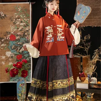 Оригинално женствена рокля Hanfu с яка-ботуш и къси ръкави Mendling Есен-зима, пола с лошадиным лице, костюм Hanfu Dress от Минг Made - Изображение 1  
