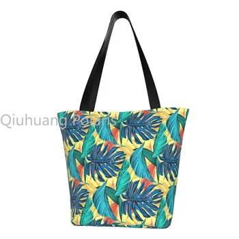 Чанта за пазаруване с тропически листа, лимон жълта чанта през рамо, училищна чанта от полиестер, чанти с ретро-принтом - Изображение 1  