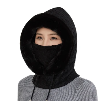 Зимна шапка за жени, маска за лице с качулка, Пух, който Запазва топлина, Утолщающий Маточната шал, Шапка с качулка, Вязаный Вълнен Топлоизолация за врата - Изображение 1  