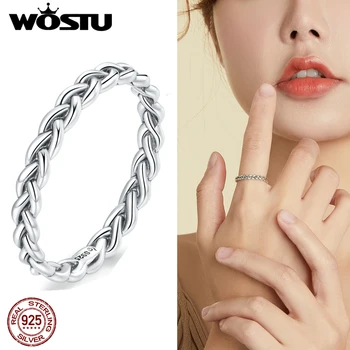 WOSTU Естествена Оплетка Текстурное пръстен от сребро 925 проба за жени, пръстена на пръста, просто сватба, Годеж, Бижута, подарък DAR161 - Изображение 1  