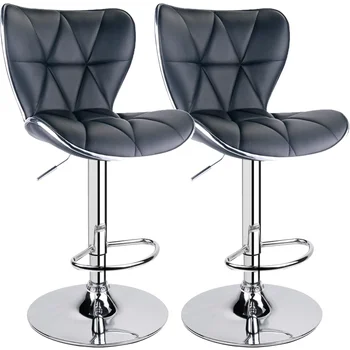 Регулируеми въртящи се на бар столове от леопардовой облегалка, с гръб от изкуствена кожа, комплект от 2 (черен) - Изображение 1  