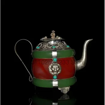 Китайска ръчна работа, инкрустация от стария зелен и червен нефрит, Тибет-сребърен лъв, чайник - Изображение 2  