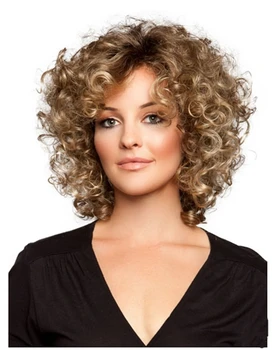 Къса къдрава синтетични перуки, Златни вечерни коса, за жени, смесени цветове, Высокотемпературное влакна - Изображение 1  