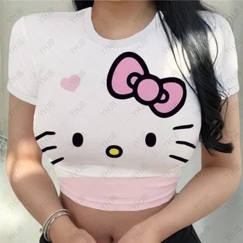 Дамски тениски с принтом Hello Kitty, Harajuku, 2023, Нови Върхове, Ежедневни Тениска, Лятна Тениска с Къс Ръкав, Графична Дамски Тънка Тениска за Жени - Изображение 1  