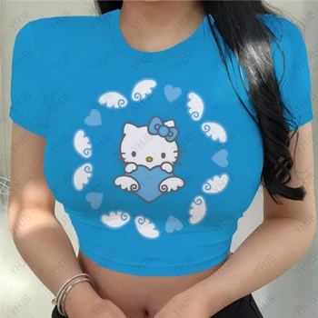 Дамски тениски с принтом Hello Kitty, Harajuku, 2023, Нови Върхове, Ежедневни Тениска, Лятна Тениска с Къс Ръкав, Графична Дамски Тънка Тениска за Жени - Изображение 2  